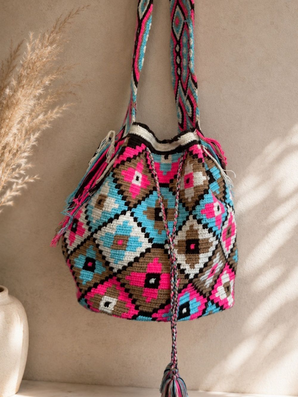 Wayuu Style Crochet Bucket Bag Neon Pink Blue Geometric Woven Crossbody Tote